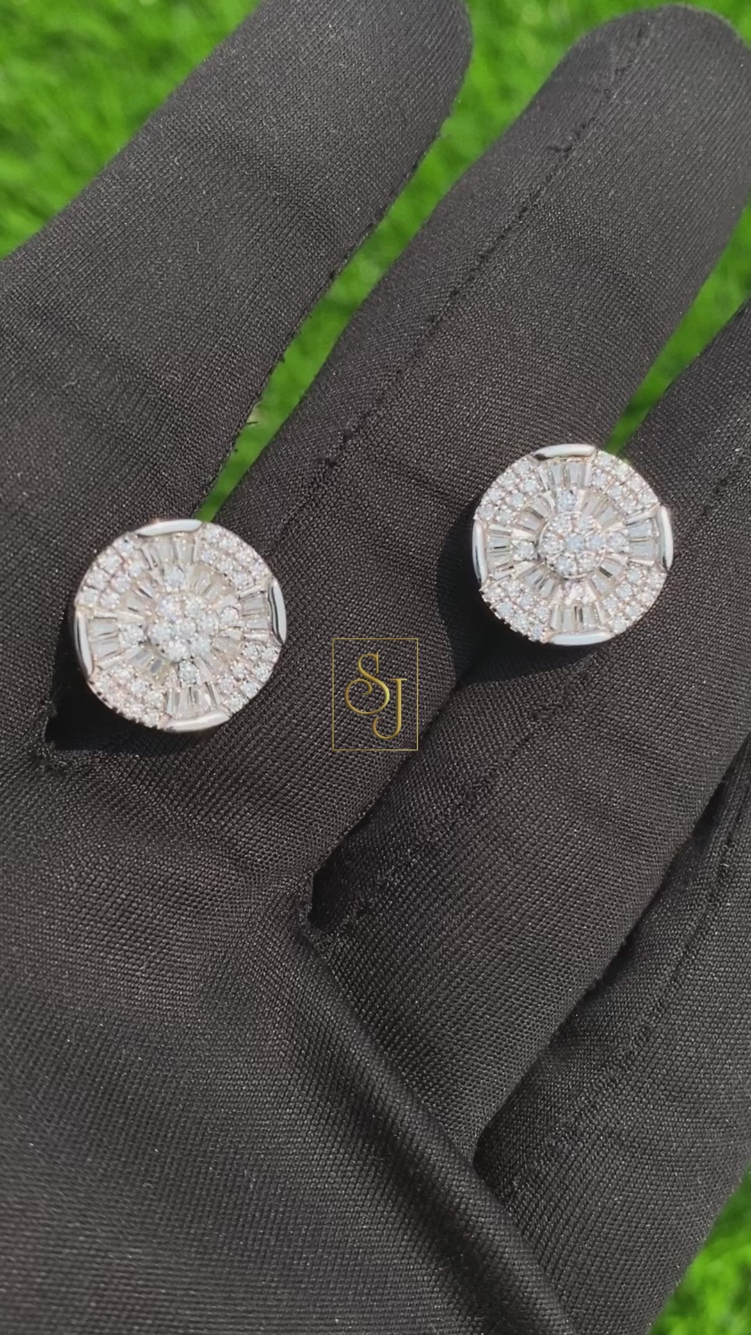 Floral Diamond Cluster Baguette Earrings in 10K White Gold with VVS Round Diamonds